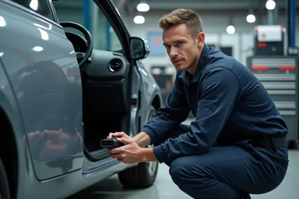 Technicien automobile connectant un scanner OBD-II sous le tableau de bord d'une voiture pour lire les codes DTC