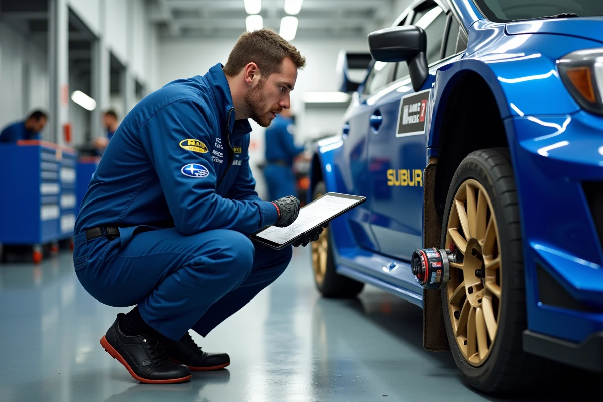 Technicien de l'équipe Subaru Rally inspectant la suspension et les freins d'une Impreza WRC dans le parc d'assistance