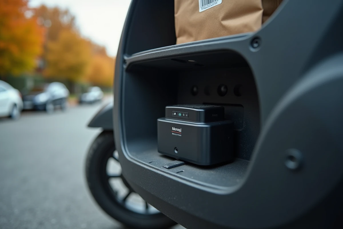 Traceur GPS compact fixé sous la selle d'un scooter de livraison avec sac de colis visible