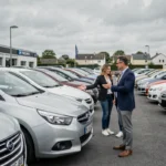Vendeurs de voitures d'occasion dans les Yvelines : vue d'ensemble d'un parking de concessionnaire avec des clients et des véhicules alignés