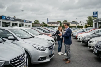 Vendeurs de voitures d'occasion dans les Yvelines : vue d'ensemble d'un parking de concessionnaire avec des clients et des véhicules alignés