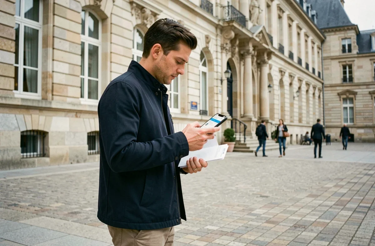 Homme vérifiant son résultat d'examen de permis de conduire sur smartphone devant une préfecture française