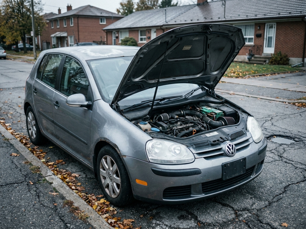 Vieille Volkswagen Golf capot ouvert dans une rue résidentielle montrant le compartiment moteur usagé pour un entretien économique