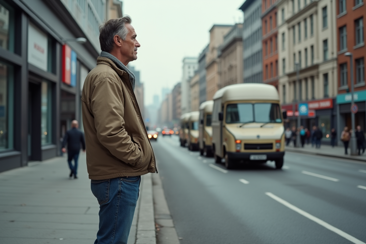 Homme regardant des vans diesel anciennes en ville