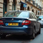 Voiture avec plaque d'immatriculation ukrainienne garée dans une rue française, illustrant la situation légale des véhicules ukrainiens en Europe