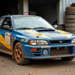 Voiture de rally Subaru Impreza WRX STI d'occasion avec livrée bleue et or en vente sur un parc d'assistance en gravier