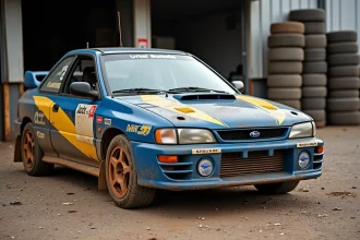 Voiture de rally Subaru Impreza WRX STI d'occasion avec livrée bleue et or en vente sur un parc d'assistance en gravier