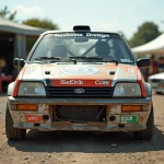 Voiture de rallye d'occasion avec livrée ancienne et cage de sécurité visible, garée dans un paddock de gravier lors d'une compétition régionale