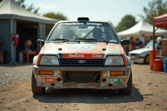 Voiture de rallye d'occasion avec livrée ancienne et cage de sécurité visible, garée dans un paddock de gravier lors d'une compétition régionale