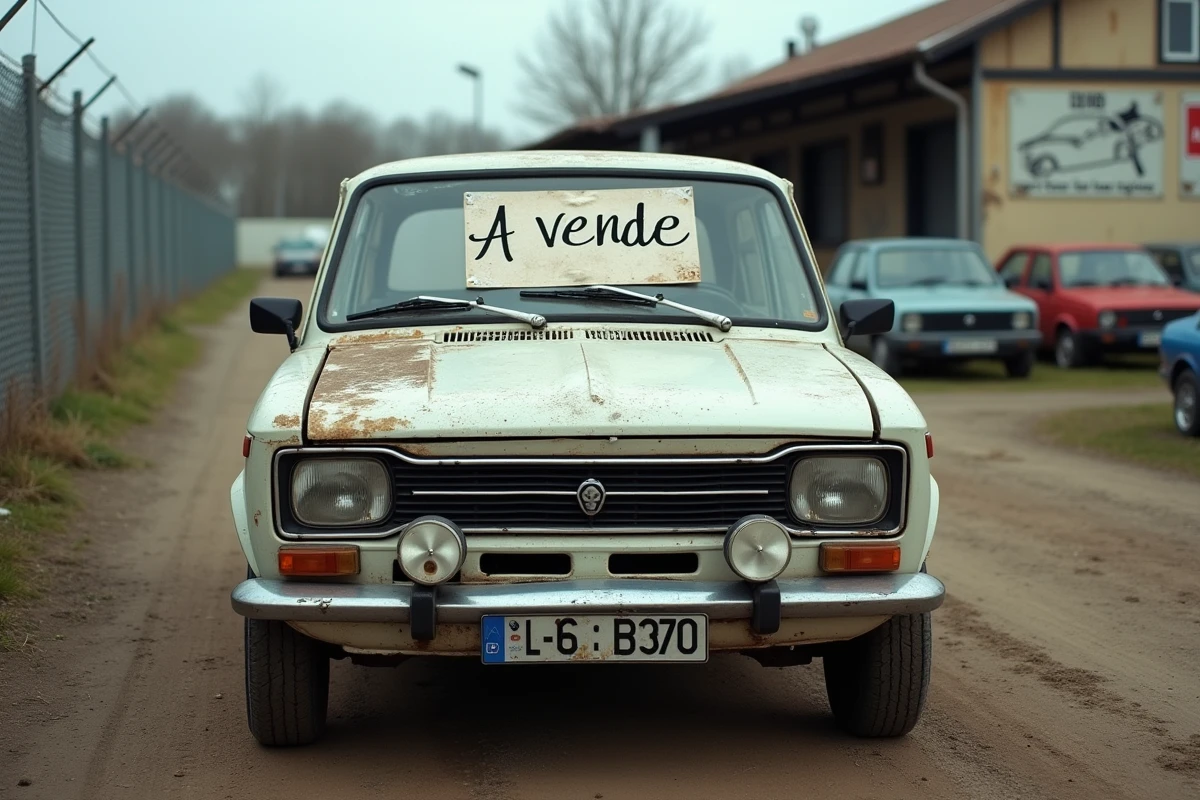 Voiture de rallye d'occasion à vendre dans un lot de véhicules d'occasion en zone rurale française avec panneau manuscrit sur le pare-brise
