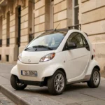 Petite voiture sans permis blanche garée sur un trottoir parisien en pavés