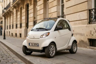 Petite voiture sans permis blanche garée sur un trottoir parisien en pavés