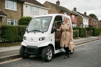 Femme d'une cinquantaine d'années sortant d'une voiture sans permis électrique 4 places dans une rue résidentielle