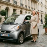 Femme ouvrant la portière d'une voiture sans permis grise garée sur un trottoir parisien en pavés