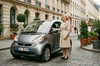 Femme ouvrant la portière d'une voiture sans permis grise garée sur un trottoir parisien en pavés