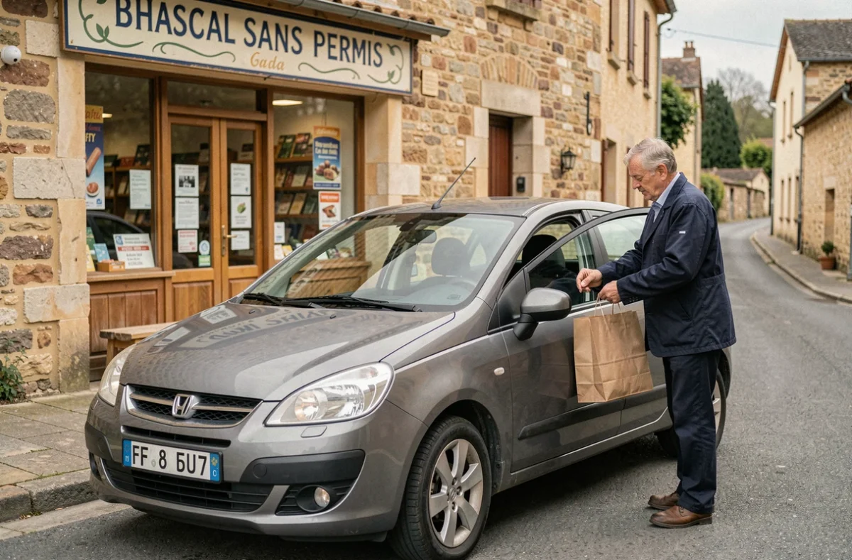 Homme âgé chargeant des courses dans une voiture sans permis grise devant un commerce de village français