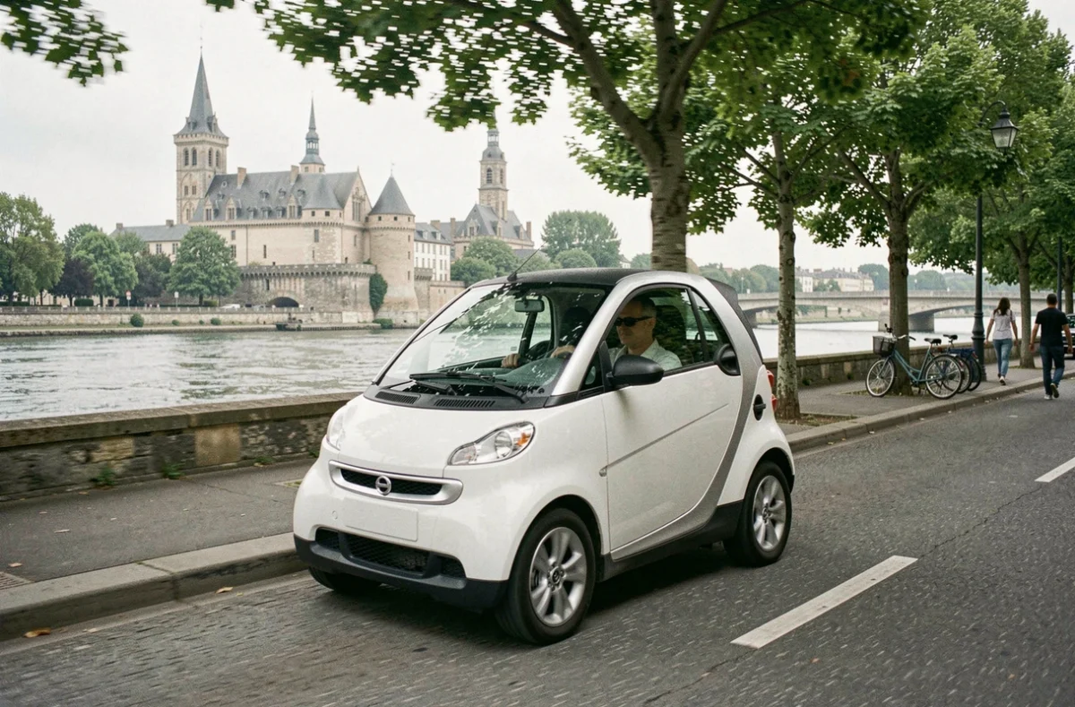 Petite voiture sans permis roulant le long des quais de l'Adour à Bayonne avec la cathédrale en arrière-plan