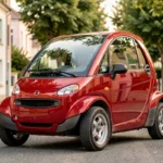 Voiture sans permis rouge garée dans une rue résidentielle française, vue de trois quarts avant