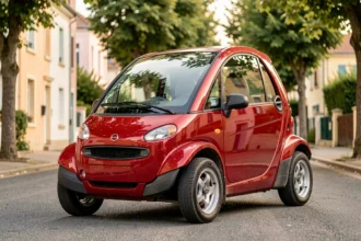 Voiture sans permis rouge garée dans une rue résidentielle française, vue de trois quarts avant