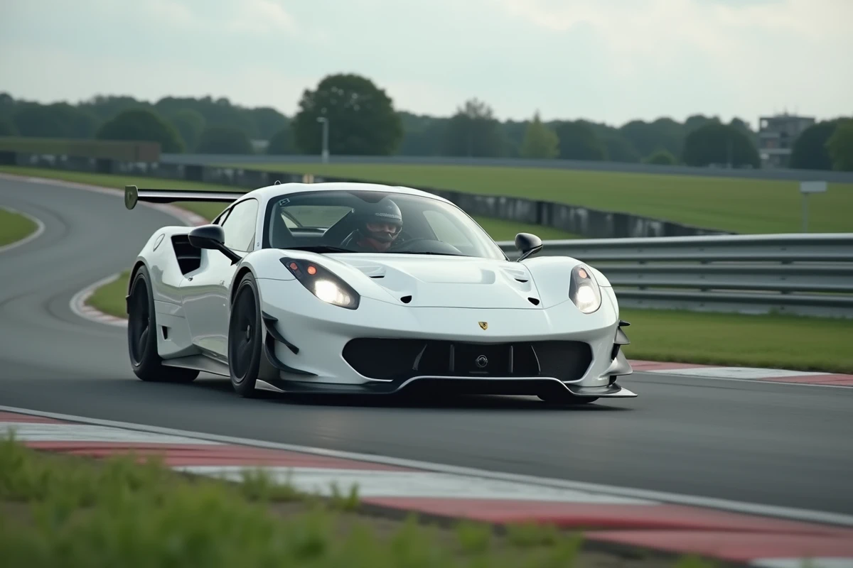 Voiture de sport en pleine accélération dans un virage sur circuit lors d'un stage de pilotage