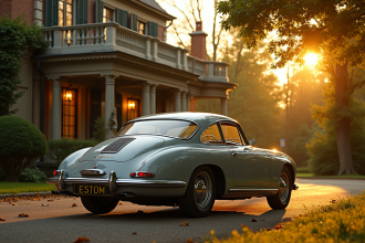 Voiture vintage devant une grande maison élégante au coucher du soleil