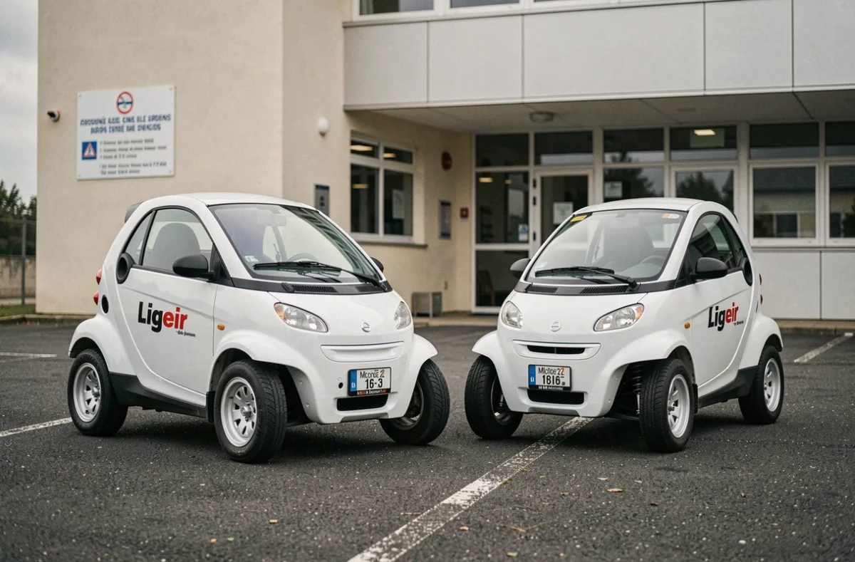 Deux voitures sans permis garées devant une auto-école française, modèles Ligier et Microcar