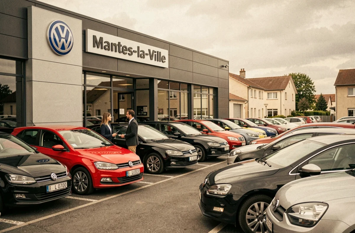 Concessionnaire Volkswagen Car Lovers à Mantes-la-Ville avec des voitures d'occasion alignées devant la façade