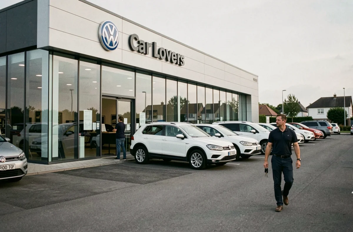 Concessionnaire Volkswagen Car Lovers à Poissy avec des véhicules d'occasion Volkswagen sur le parvis