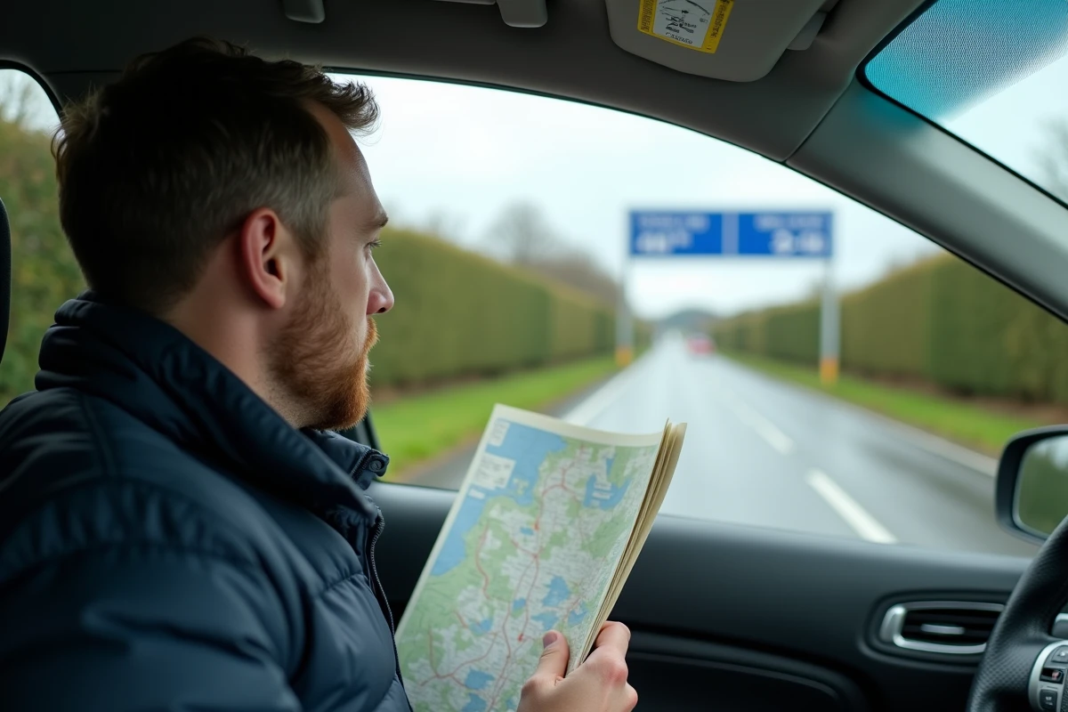 Voyageur consultant une carte routière près d'un panneau de vitesse en miles au Royaume-Uni