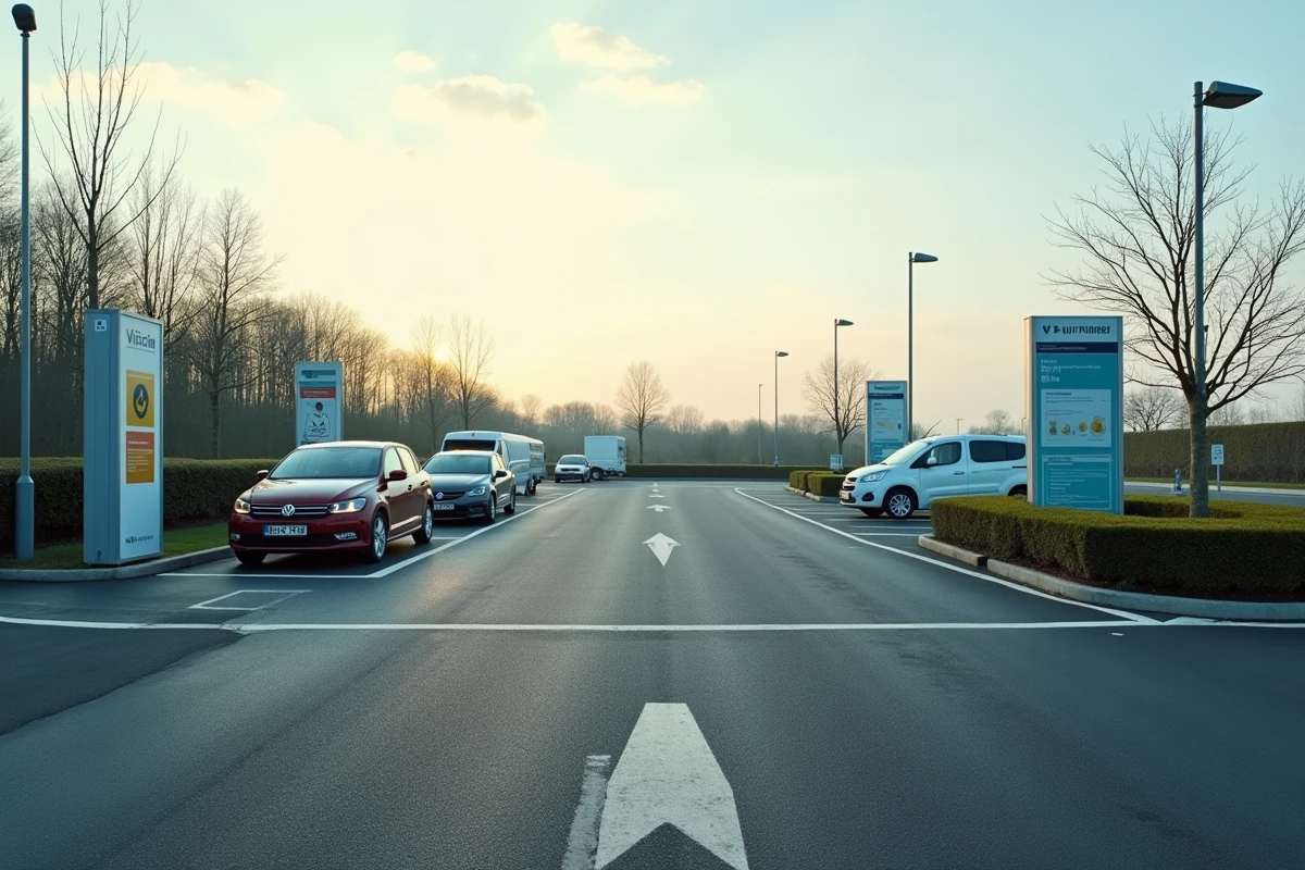 Vue large du parking de covoiturage Vinci Autoroutes à La Chapelle Saint Mesmin avec panneaux d'information